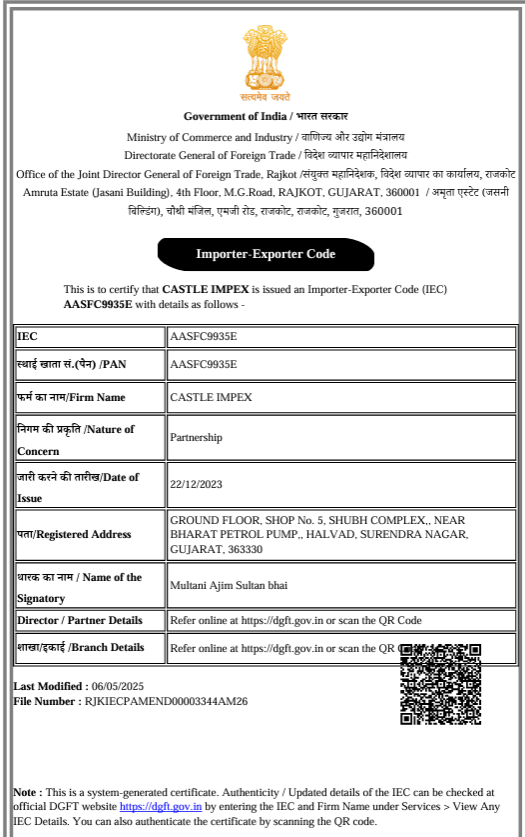 Castle Impex certification